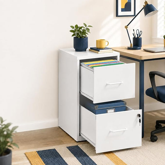 SAWJEC 2 Drawer File Cabinet with Lock, Small Metal Filing Cabinet for Home Office, Vertical Locking File Cabinet with Letter Size Hanging Files, White, 25.6" H x 15.0" W x 17.7" D