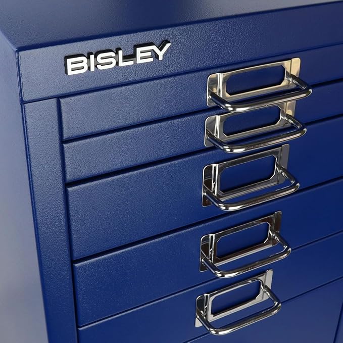 Bisley 8-Drawer Steel MultiDrawer Cabinet - Oxford Blue | Chrome Pull Handles with Label Holders, Powder-Coated Steel, Removable Drawers, Fits Under Most Desks, Labels Included