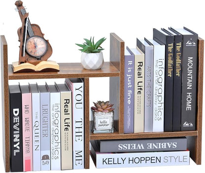Meikuler Desktop Shelf Organizer, Adjustable Wood Display Desk Shelf, Office Storage Rack Tabletop Bookshelf Multipurpose Shelves for Home Decor, Office, Gifts (Brown)
