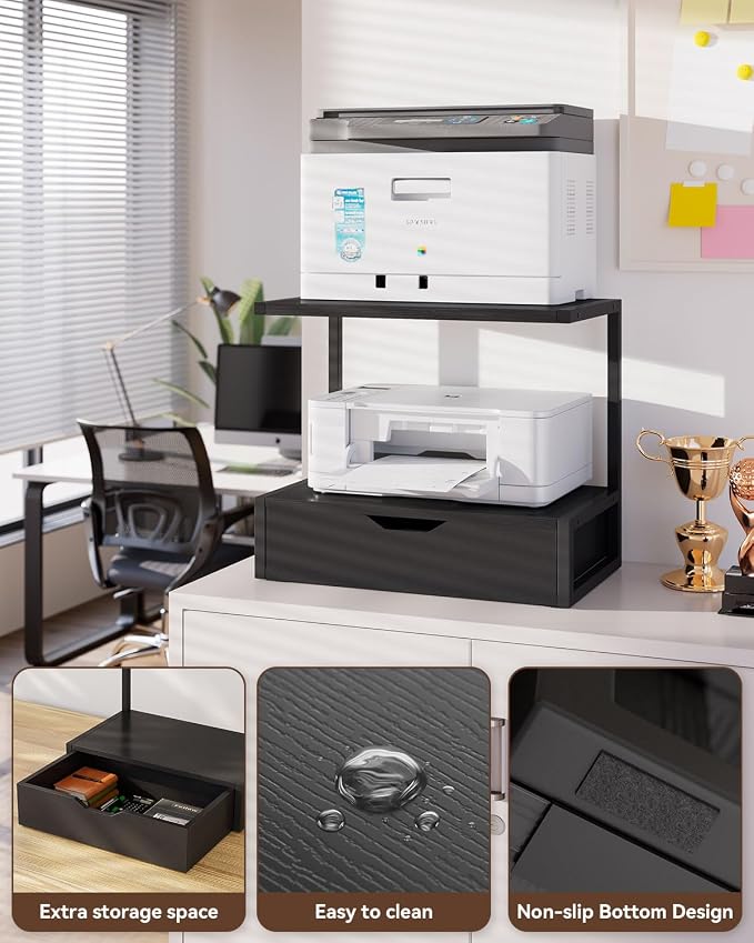 IBUYKE 2 Tier Desktop Printer Stand,Multi-Purpose Desk Organizer,Printer Table with Storage Shelf for Folders,Books,for Fax Machine, Scanner,Home Office,Black TLJ015B