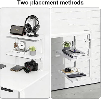 2-Tier Desk Shelf, Expandable Under Desk Storage, Clamp on Desk Shelf, Desktop Accessories for Offices, Study Rooms, and Game Rooms (White)