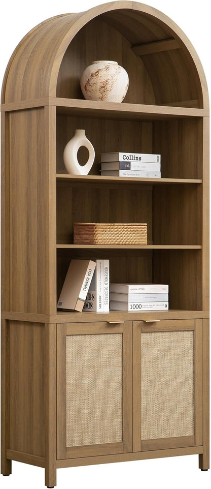 SICOTAS Book Shelf Arched Cabinet Bookshelf Arch 84.2" Tall Bookcase 5 Tier Large Bookshelves with Doors Storage Rattan Boho Wide Book Shelves Case for Living Room Kitchen Office Library