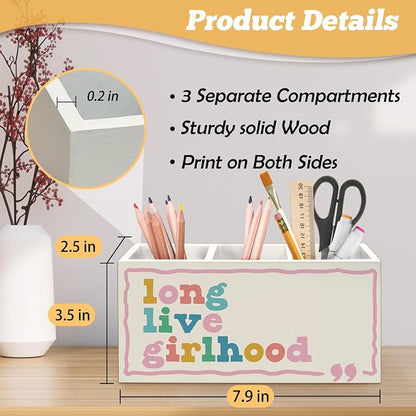 Girl Nursery Decor Pen Holder Organizer for Desk Accessories, Girls Room Decor, Long Live Girlhood Wooden Box Sign Desk Decorations for Kids Girls Room Classroom Bedroom
