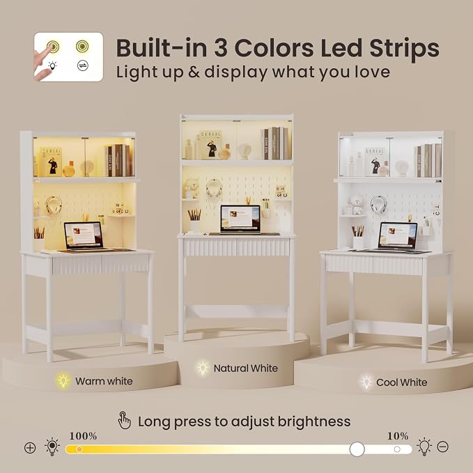 Lvifur 31.5" Small Study Desk with - Glass Doors,Computer Desk w/Charging Station and LED Reading Lights,Compact Writing Desk with Drawers,Writing Home Office Desks for Small Spaces Bedroom,White