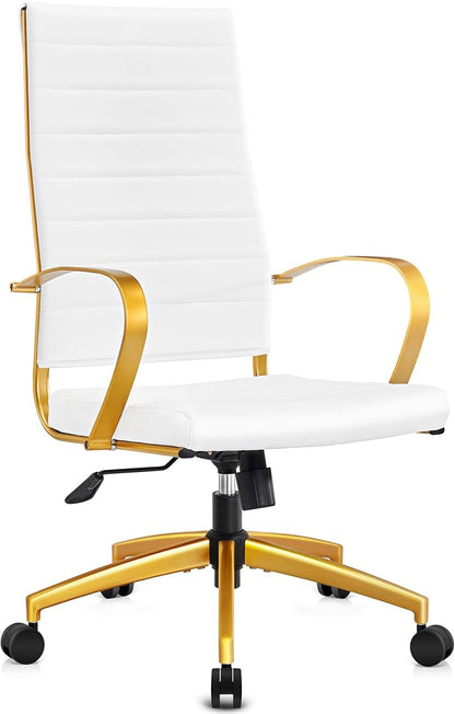 Ergonomic Office Chair, High Back Executive Chair in White Vegan Leather with Gold Accents, Adjustable Desk Chair with Back Support for Home Office(White)