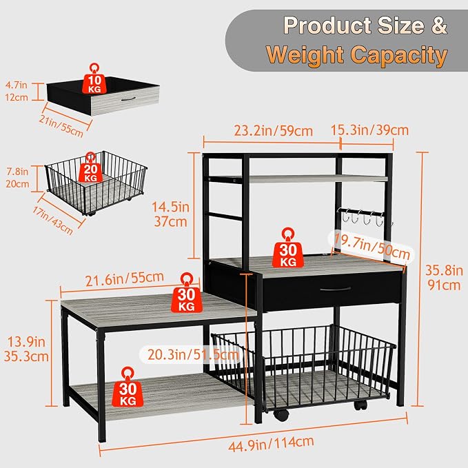 Saudism 3D Printer Stand with Storage Drawer and Rolling Filament Basket, Industrial Printer Table with Open Shelves and Hooks, Sturdy Metal Workstation for 3D Printing Tools and Accessories, Gray