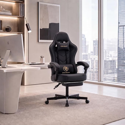 Desk Computer Gaming Chair - High Back Ergonomic Office Chair with Footrest and Lumbar Support, Swivel Comfy Home Gamer Video Game Chairs with Pocket Spring Cushion for Adults (Black Leather)