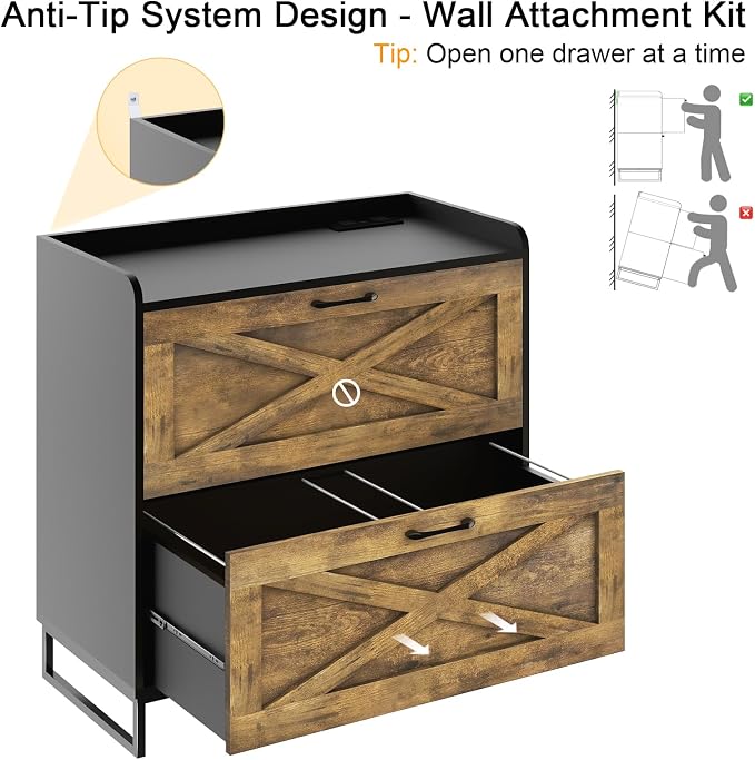 Halitaa Lateral File Cabinet with Charging Station, 2 Drawer File Cabinet for Letter/Legal/A4 Size Hanging Files, Large Wood File Storage Cabinets, Rustic Brown and Black