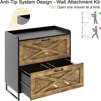 Halitaa Lateral File Cabinet with Charging Station, 2 Drawer File Cabinet for Letter/Legal/A4 Size Hanging Files, Large Wood File Storage Cabinets, Rustic Brown and Black