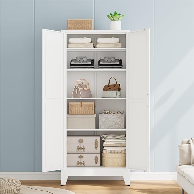 Bevivog Metal Kitchen Pantry Cupboard Cabinet, 71" White Storage Cabinets with 2 Doors and 4 Adjustable Shelves for Kitchen/Home Office/Dining Room/Living Room