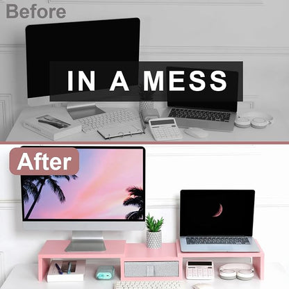 TEAMIX Pink Dual Monitor Stand Riser with Drawer - Length and Angle Adjustable Double Corner Desk Shelf Organizer 37 inch for 2 Laptop/PC/Screen/TV