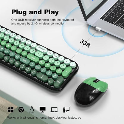 MOFII Wireless Keyboard and Mouse Combo, Compact Typewriter Retro Round Computer Keyboard and Mouse Set, Plug and Play, for Windows, Computer, Desktop, PC, Notebook - Black Green Gradient