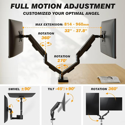 5Rcom Dual Monitor Stand for 17-34 inch Computer Screens, Full Motion Monitor Dual Monitor Arms, Dual Monitor Arms Hold up to 22lbs, Gas Spring Monitor Stand, 75/100mm VESA Mount