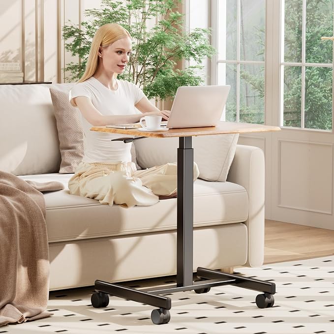 DUMOS Small Standing Desk Mobile Portable Rolling Laptop PC Table on Wheels Adjustable Height Computer Workstation for Home Office Small Space, 19 Inch, Modern Brown
