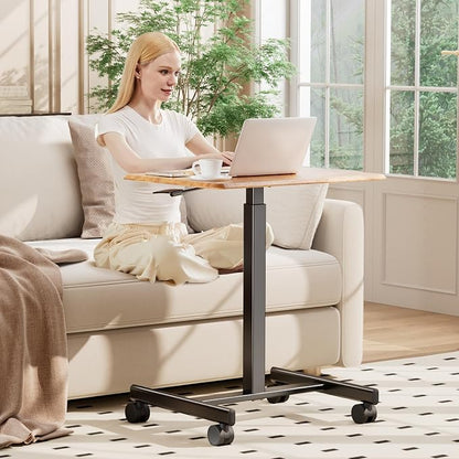 DUMOS Small Standing Desk Mobile Portable Rolling Laptop PC Table on Wheels Adjustable Height Computer Workstation for Home Office Small Space, 19 Inch, Modern Brown