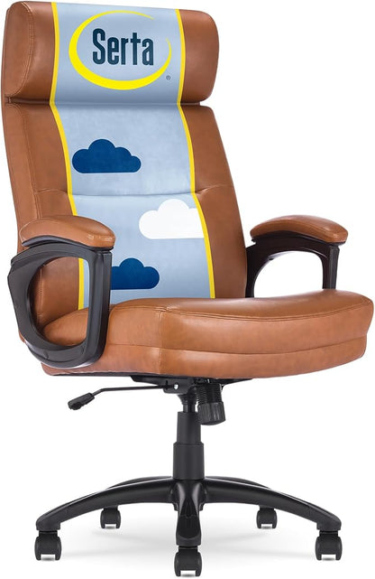Serta Comfort Executive Big & Tall Office Chair, Ergonomic High-Back Computer DeskChair, Semi Plush Cushion Seat, Soft Padded Armrests, SertaQuality Foam, Metal Swivel Base, Bonded Leather, Cognac