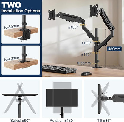 Dual Monitor Mount for 17 to 40 inches, Holds up to 26.4 lbs, Monitor Desk Arms for 2 Monitors Vertical/Parallel Placement, with Clamp/Grommet Base, VESA Mount 75/100 mm