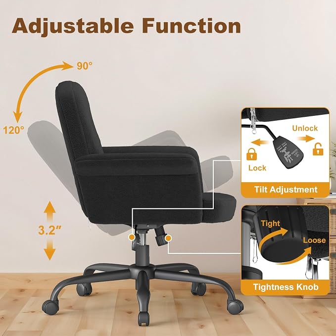 Comfy Home Office Desk Chair, Upholstered Fuzzy Vanity Chair with Wheels and Arms, Modern Adjustable Swivel Computer Seat for Living Room, Bedroom, Make Up, Home Office, Teddy Fleece, Black
