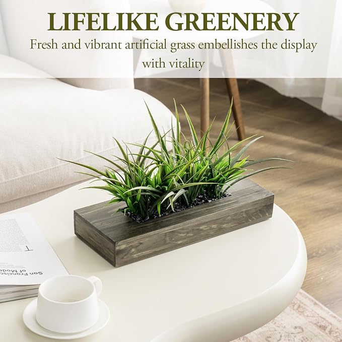 MyGift Large Artificial Green Grass Plants Potted in 14 Inch Vintage Weathered Gray Solid Wood Rectangular Planter Box, Decorative Tabletop Faux Greenery Centerpiece Décor