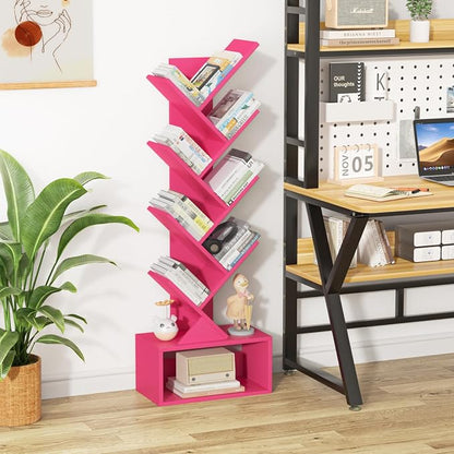 SHEEPAM 9 Tier Tree Bookshelf,Christmas Green Bookcase for Narrow Space, Storage Organizer Floor Standing Bookshelves for Books, Tall Book Case for Home Office, Living Room, Bedroom
