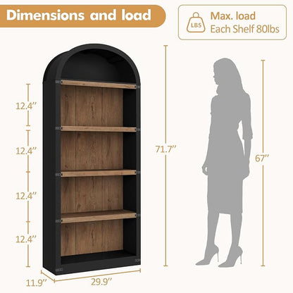 GarveeHome Bookcase 5 Shelf Arched Bookshelf 71.65in Tall Bookcase Farmhouse Display Storage Rack Wooden Bookshelves for Home Office, Living Room (Black/Natural)