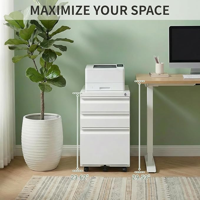 3 Drawer Metal File Cabinet with Lock, Fully Assembled Mobile Filing Cabinet on Wheels, Under Desk Office Storage Organizer for Letter/Legal/A4 Files, White