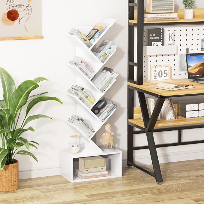 SHEEPAM 9 Tier Tree Bookshelf,Christmas Green Bookcase for Narrow Space, Storage Organizer Floor Standing Bookshelves for Books, Tall Book Case for Home Office, Living Room, Bedroom