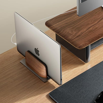 UPERGO Vertical Laptop Stand for Desk, Laptop Holder to Dock MacBook, MacBook Pro and Other Laptops, Black Walnut Wood | Solid Black Walnut Wood & Aluminum, Adjustable 0.79"–1.42", Scratch-Resistant Pads, Anti-Slip Base, Natural Wood Grain