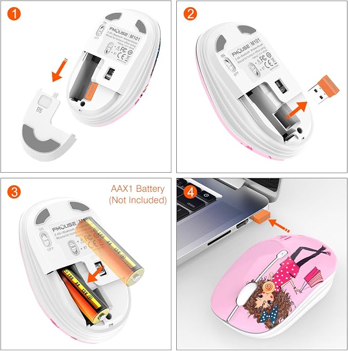 FMOUSE Cute Pink Wireless Mouse, Dual Mode, Bluetooth & 2.4GHz USB Receiver, Silent Clicks, AA-Battery Powered, Handy & Durable, for Kids, Girls, Students on Laptops, Mac, iPad, PC