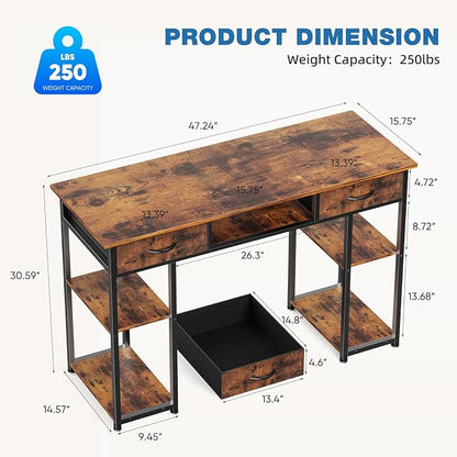 OLIXIS 48 Inch Desk with Storage Fabric Drawers, Home Office Computer Desk for Small Space Bedroom, Modern Study Work Gaming Writing PC Table, Finish for Compact Rooms, Brown