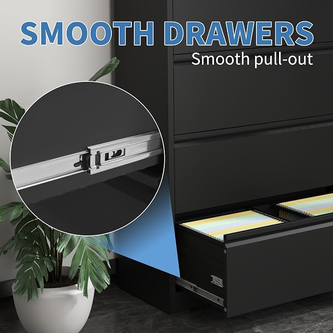 File Cabinets 5 Drawer,Metal Office Storage Filing Cabinet with Lock,White Lateral Filing Cabinet for Home Office,Horizontal Locking File Cabinet for Legal/Letter/A4,Assembly Require,Black