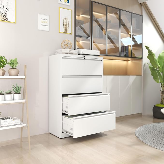 Metal Lateral File Cabinets with Lock,4 Drawer Filing Cabinets for Home Office,Storage Cabinets for Hanging Files Letter/Legal/F4/A4 (White)