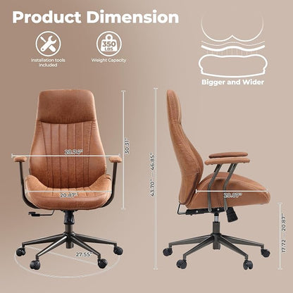 ovios Ergonomic Office Chair, High Back Faux Leather Executive Chairs with Armrests, Comfy Mid-Century Modern Swivel Rolling Computer Armchair (Brown, Suede Leather)