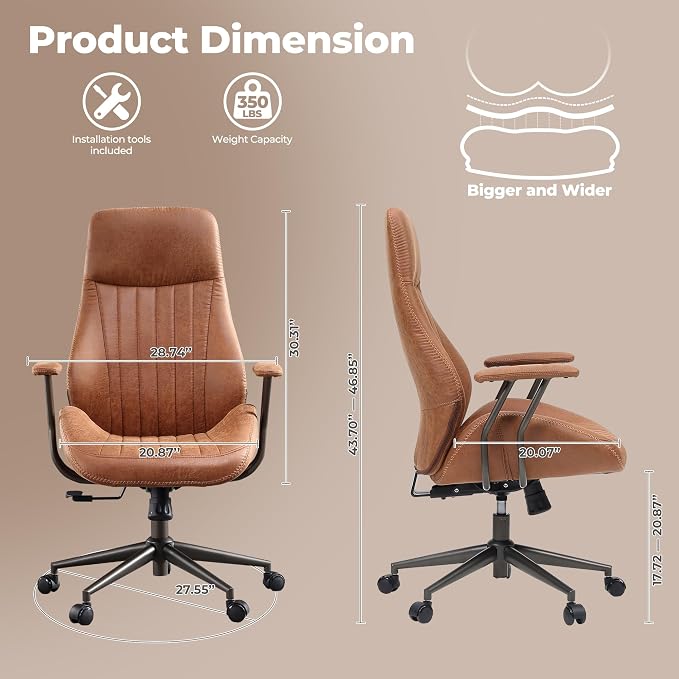 ovios Executive Ergonomic Office Chair, High Back Comfy Faux Suede Leather Computer Chairs, Mid-Century Modern Swivel Rolling Task Armchair, Brown