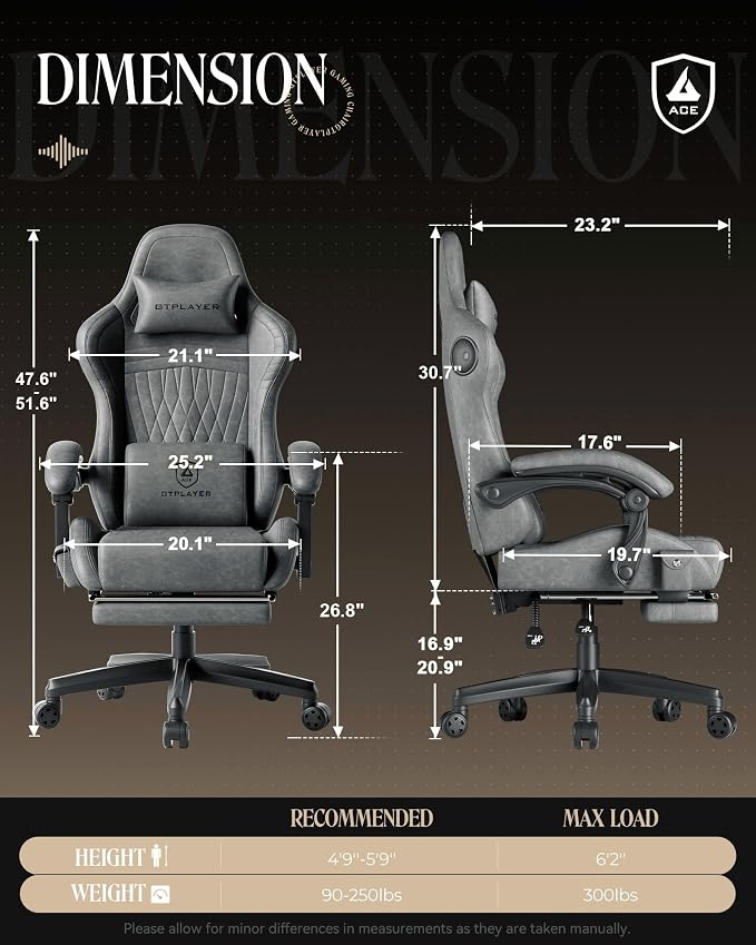 GTPLAYER Gaming Chair with Speakers, Video Game Chairs with Footrest, PC Gamer Chairs for Adults - Padded High Back Ergonomic Reclining Silla Gamer, Linkage Armrest, Ace Pro, Grey