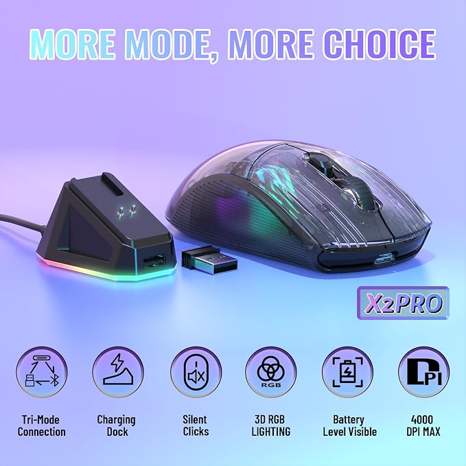 ATTACK SHARK X2 Pro Wireless Gaming Mouse with RGB Charging Dock,Tri-Mode PC Gaming Mice 2.4G/Bluetooth/Wired,Noiseless Mouse RGB Backlit,Transparent Shell,PixArt 3212 4000 DPI,for Win/MAC,Black