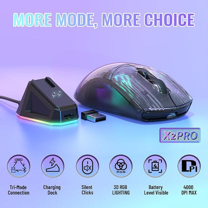 ATTACK SHARK X2 Pro Wireless Gaming Mouse with RGB Charging Dock,Tri-Mode PC Gaming Mice 2.4G/Bluetooth/Wired,Noiseless Mouse RGB Backlit,Transparent Shell,PixArt 3212 4000 DPI,for Win/MAC,Black