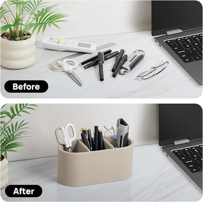 Aesthetic Remote Control Holder, PU Leather Pen Holder for Desk with 3 Compartments for Home Office Supplies and Accessories, Stylish Bedside Remote Holder Nightstand Desktop Organizer (Beige)