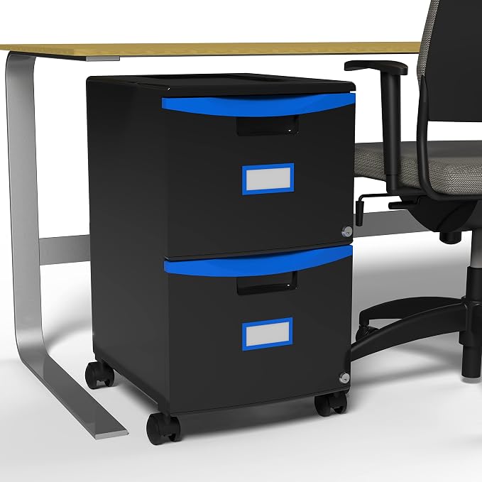 Storex Plastic Two-Drawer Mobile Pedestal File Cabinet – Locking Document Organizer with Casters for Home and Office, Black, 1-Pack (61314C01C)