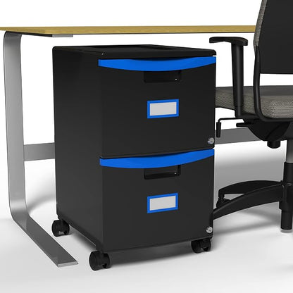 Storex Plastic Two-Drawer Mobile Pedestal File Cabinet – Locking Document Organizer with Casters for Home and Office, Black, 1-Pack (61314C01C)