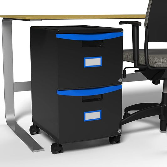 Storex Plastic Two-Drawer Mobile Pedestal File Cabinet – Locking Document Organizer with Casters for Home and Office, Black, 1-Pack (61314C01C)