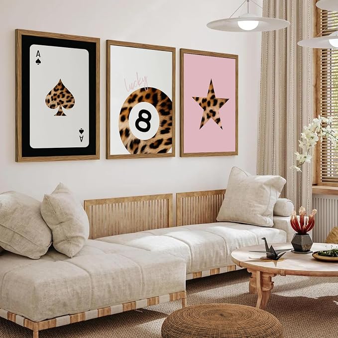 Pink and Black Leopard Wall Art, Lucky Girl 8 Ball Wall Decor Set of 3 Cheetah Lucky Star Poster Canvas Prints, Coquette Modern Teen Pictures for Bedroom Living Room 12x16 inch Framed