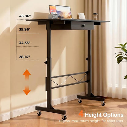 COMHOMA Small Standing Desk with Storage Drawer, Mobile Height Adjustable Rolling Sit Stand Desk with Lockable Wheels 4‑Level Portable Laptop Desk for Small Space Home Office Treadmill Workstation