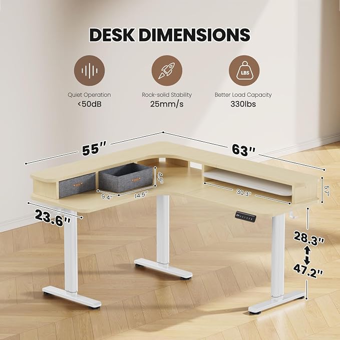 Flycity Electric L Shaped Standing Desk with Drawers, 63" x 55" Corner Standing Desk Adjustable Height, Stand Up Home Office Desk, Dual Motor Sit Stand Desk with 3 Memory Preset & Lock, Maple
