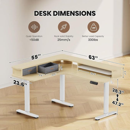 Flycity Electric L Shaped Standing Desk with Drawers, 63" x 55" Corner Standing Desk Adjustable Height, Stand Up Home Office Desk, Dual Motor Sit Stand Desk with 3 Memory Preset & Lock, Maple