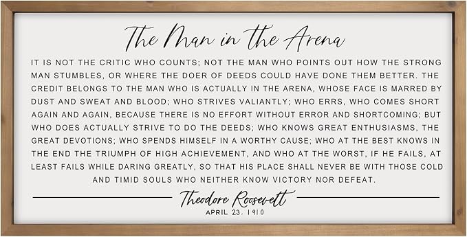flangairy The Man In The Arena Wall Art Framed 24.8x12.6inch, Wood Motivational Office Wall Decor for Men, Inspirational Positive Famous Quotes Home Decor