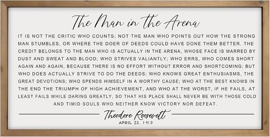 flangairy The Man In The Arena Wall Art Framed 24.8x12.6inch, Wood Motivational Office Wall Decor for Men, Inspirational Positive Famous Quotes Home Decor