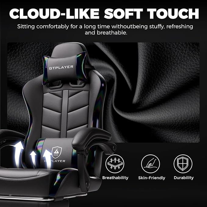 GTPLAYER Gaming Chair with Footrest, Computer Gaming Chair for Adults, Height Adjustable Gamer Chair with 90-155° Recline & Removable Headrest Lumbar Support, Colorful Black
