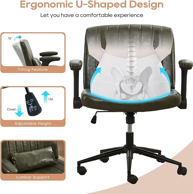 IPKIG Criss Cross Chair with Adjustable Flip-up Arms, Vanity Chair with Wheels, Comfy Desk Chair with Lumbar Pillow Swivel Wide Office Chair for Home Office, Bedroom (PU Leather, Green)