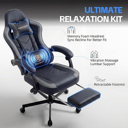 Desk Computer Gaming Chair - High Back Ergonomic Office Chair with Footrest and Lumbar Support, Swivel Comfy Home Gamer Video Game Chairs with Pocket Spring Cushion for Adults (Grey Leather)